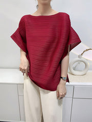 Batwing Sleeves Loose Pleated Solid Color Round-Neck T-Shirts Tops