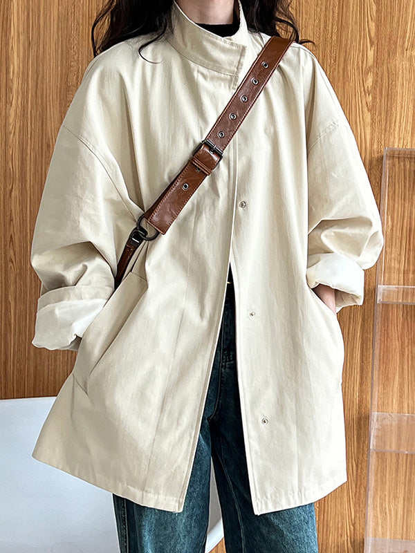 Long Sleeves Loose Pockets Solid Color Stand Collar Outerwear Trench Coats