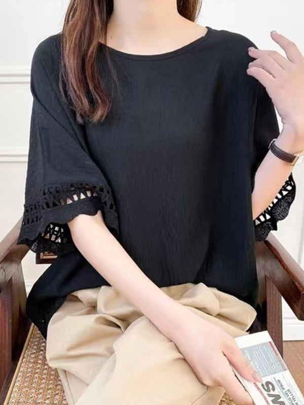 Flared Sleeves Half Sleeves Hollow Solid Color Round-Neck T-Shirts Tops