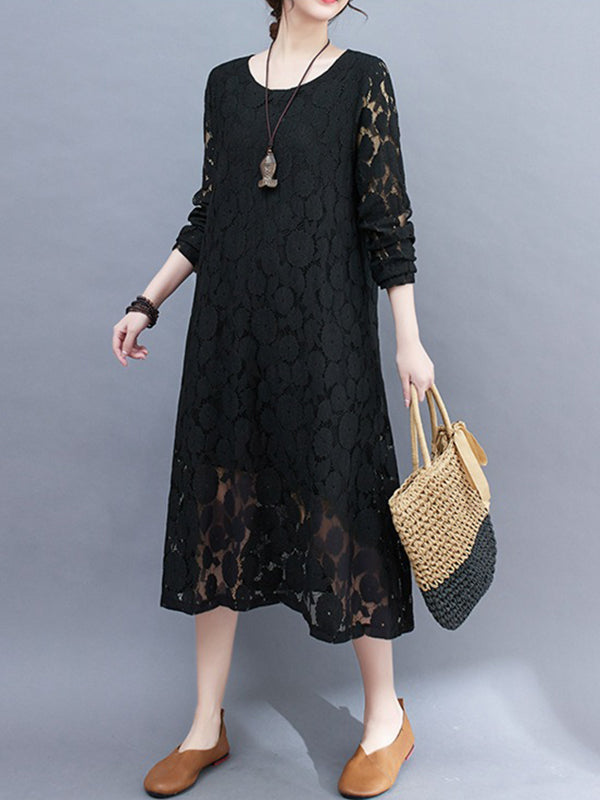 A-Line Long Sleeves Hollow Round-Neck Midi Dresses