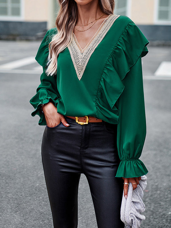 Long Sleeves Loose Asymmetric Hollow V-Neck Blouses&Shirts Tops