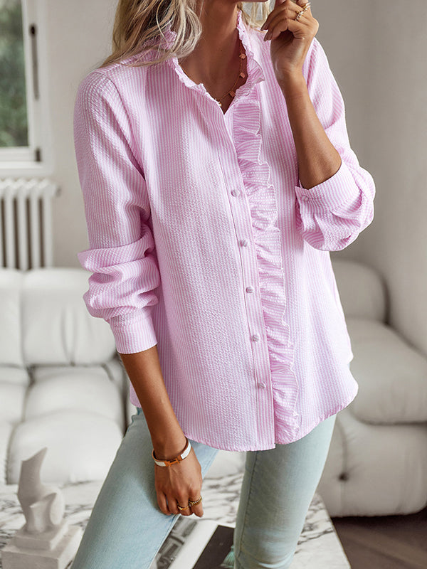 Long Sleeves Asymmetric Buttoned Ruffled Striped Mock Neck Blouses&Shirts Tops