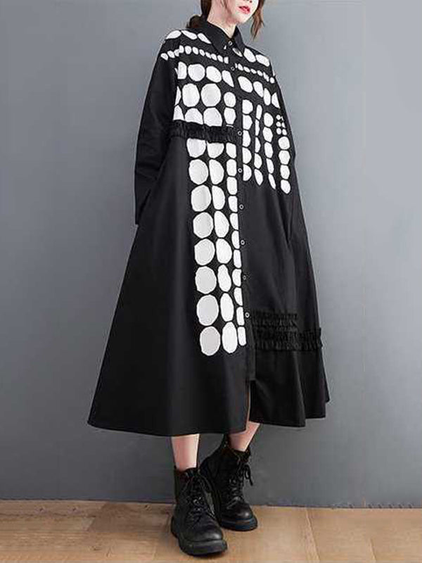 A-Line Long Sleeves Asymmetric Buttoned Polka-Dot Lapel Midi Dresses