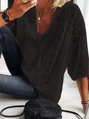 Simple Casual Hollow Lace Split-Joint U-Neck T-Shirt Top