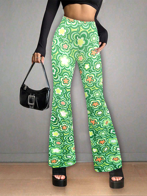 High Waisted Loose Flower Print Split-Joint Flared Trousers Pants