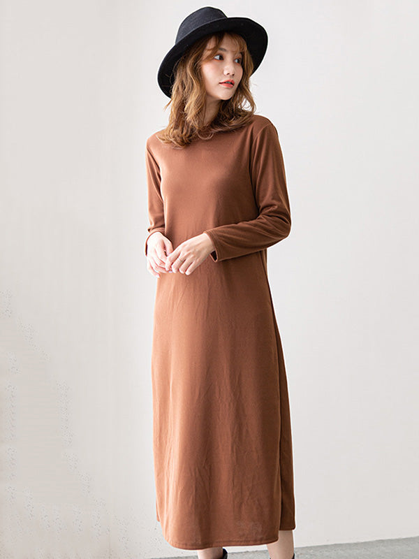 Simple Solid Color Round-Neck A-Line Midi Dress