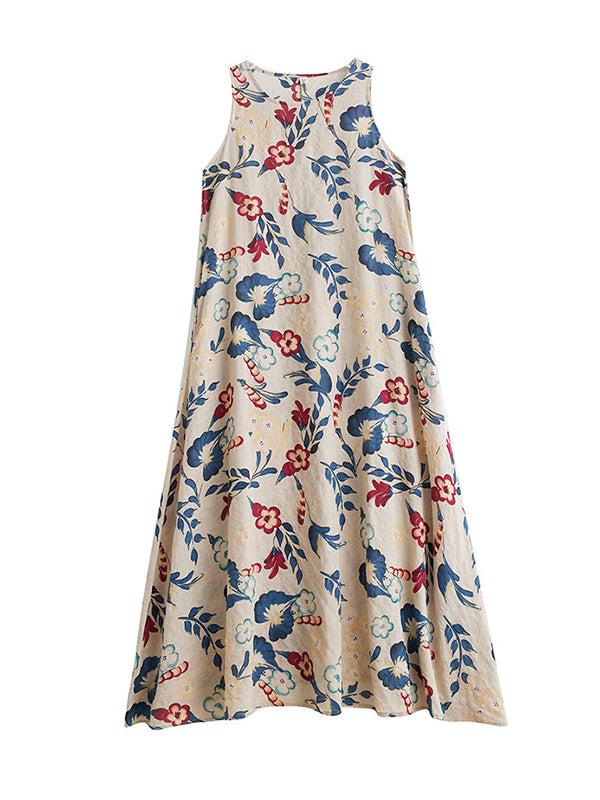 Loose Sleeveless Floral Printed Round-Neck Maxi Dresses