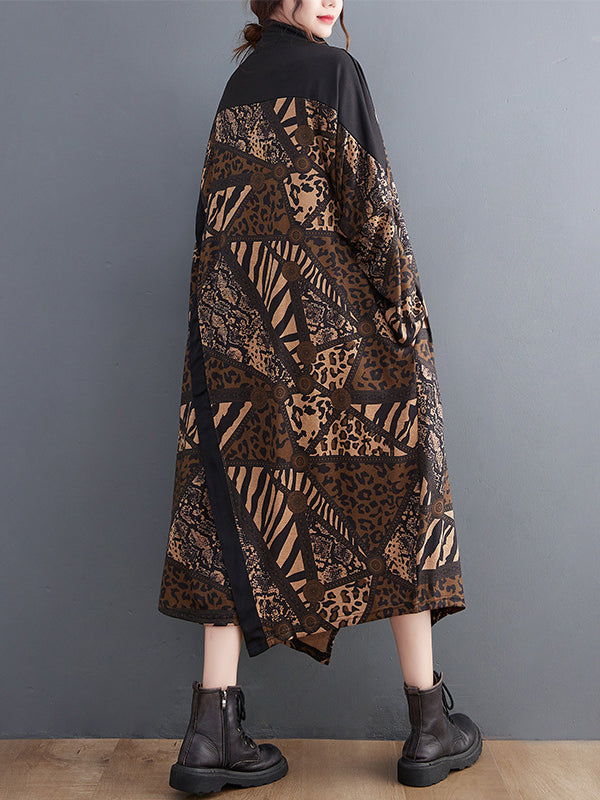 Long Sleeves Loose Asymmetric Printed Split-Front Split-Joint Mock Neck Midi Dresses