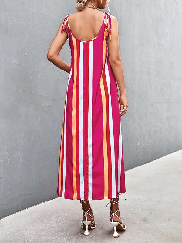 Loose Sleeveless Contrast Color Striped Tied U-Neck Midi Dresses Slip Dress