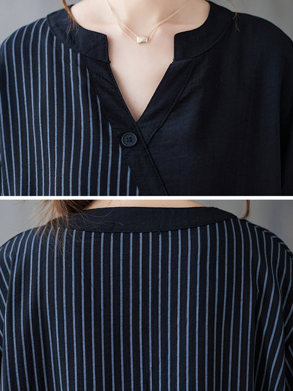 Casual Loose Long Sleeves Striped Split-Joint V-Neck T-Shirts Tops