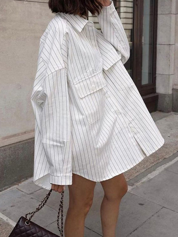 Irregular Clipping Long Sleeves Split-Joint Striped Lapel Blouses