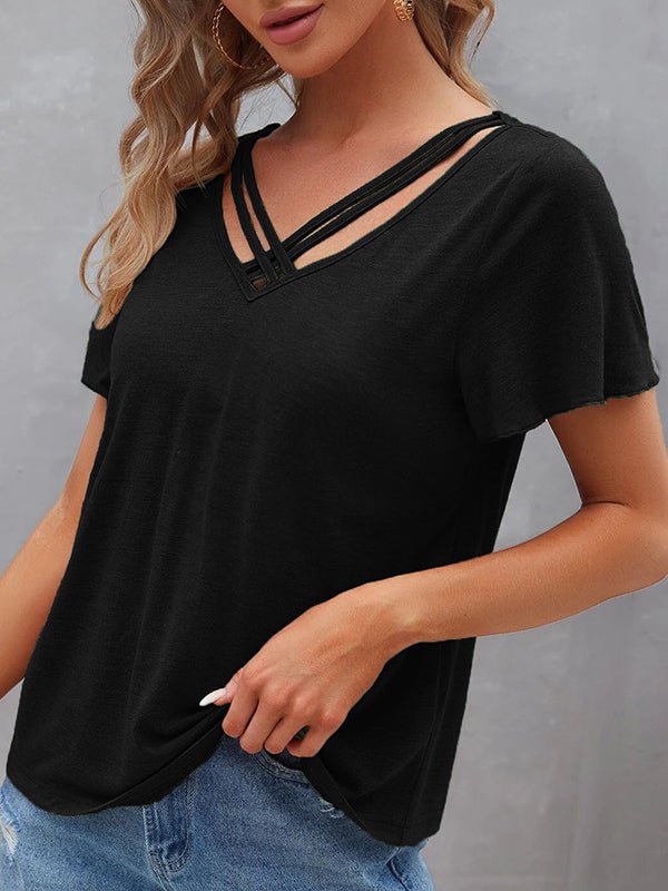 Loose Plus Size Hollow Solid Color Split-Joint V-Neck T-Shirts Tops