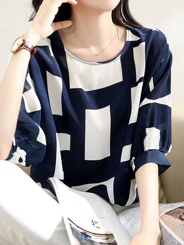 Loose Three-Quarter Sleeves Printed Split-Joint Round-Neck Blouses&Shirts Tops