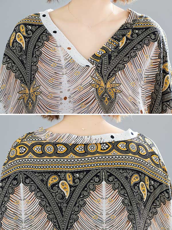 Ethnic Printed Plus Size V-Neck Batwing Sleeve Maxi Dress