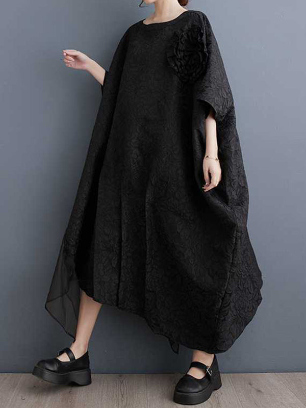 Batwing Sleeves Loose Asymmetric Flower Shape Gauze Jacquard Pleated Solid Color Split-Joint Round-Neck Midi Dresses