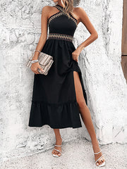 A-Line High Waisted Embroidered Pleated Split-Joint Split-Side Halter-Neck Midi Dresses