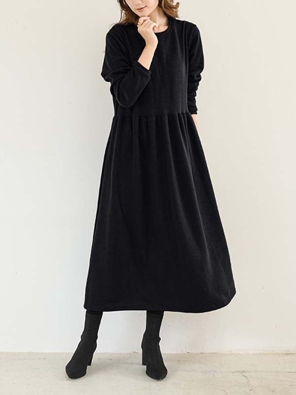 Casual Loose Long Sleeves Solid Color Round-Neck Midi Dresses