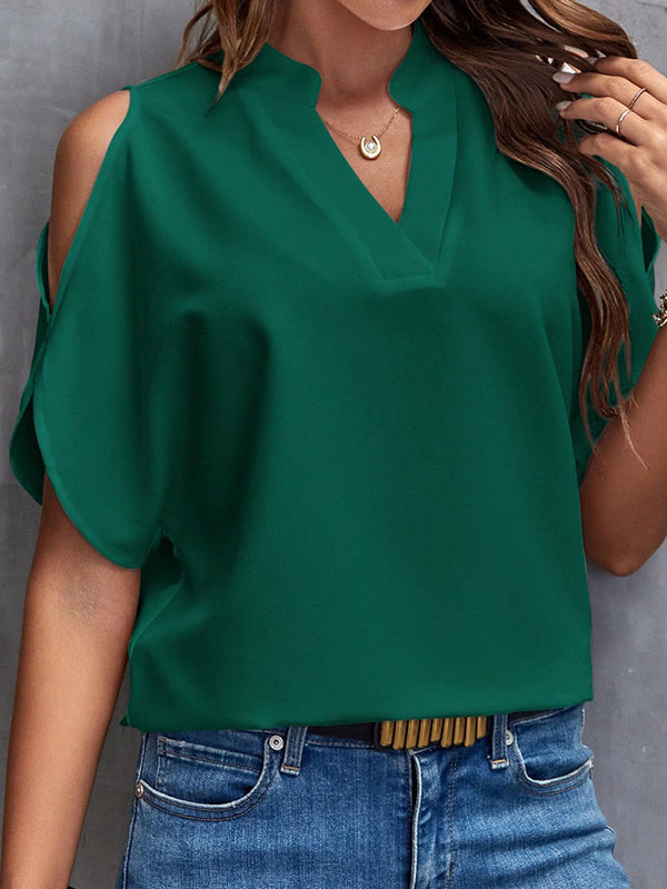 Half Sleeves Loose Hollow Solid Color Cold shoulder T-Shirts Tops