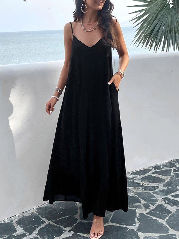 Loose Sleeveless Pleated Solid Color Split-Joint Spaghetti-Neck Maxi Dresses