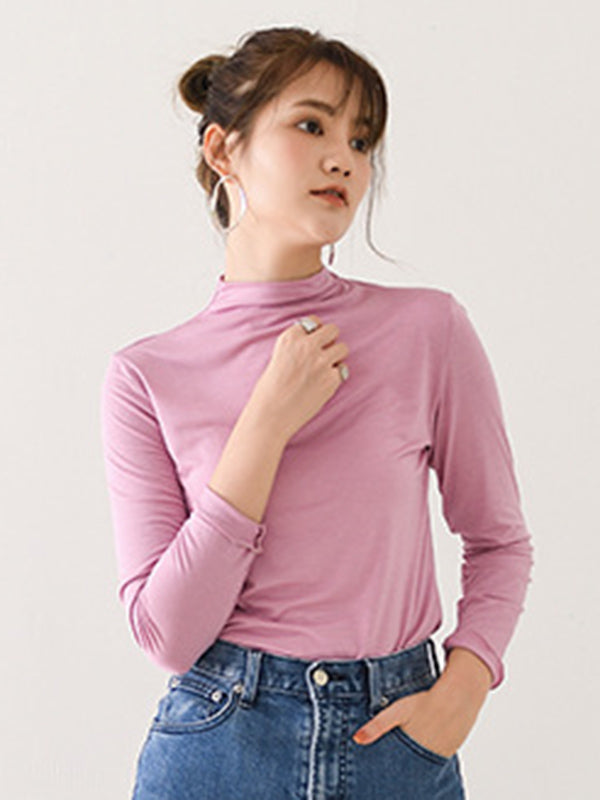 10 Colors Simple Solid Color Long Sleeves High-Neck T-Shirt Top