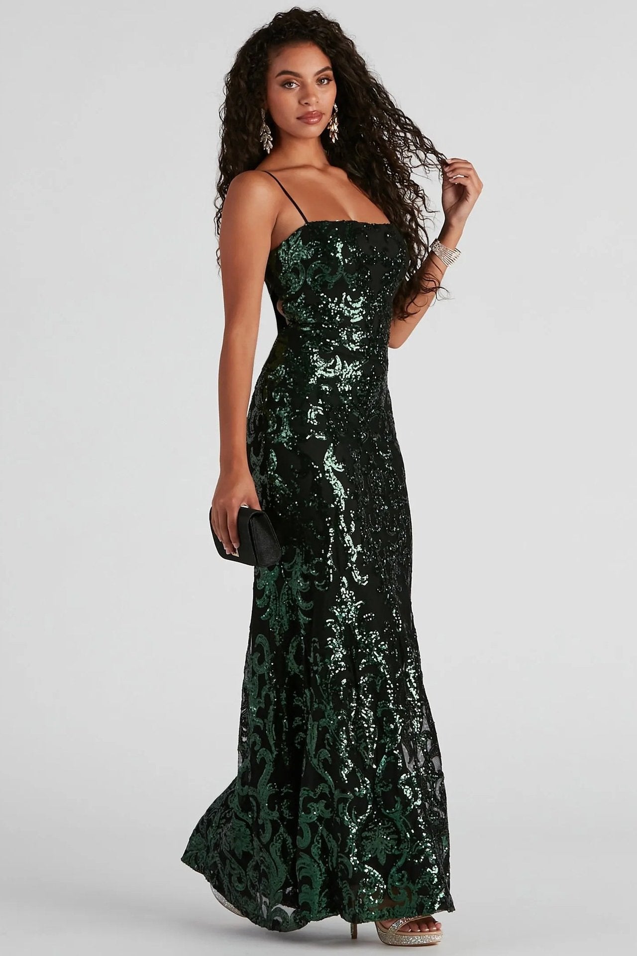 Sima Baroque Sequins Back Lace-up Maxi Dress