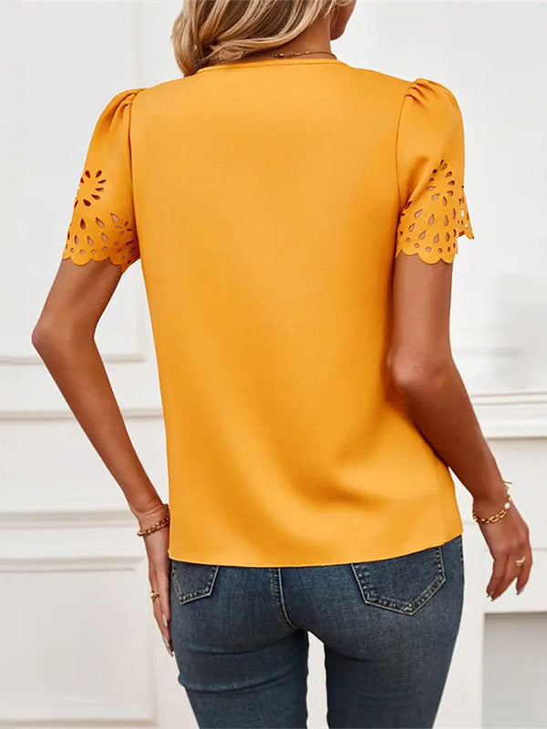 Loose Short Sleeves Hollow Solid Color Split-Joint V-Neck T-Shirts Tops