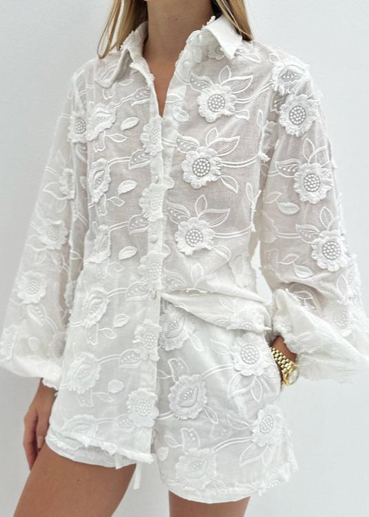 Floral Breeze - Sheer Embroidered Shirt & High-Waist Shorts Set