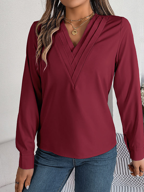 Long Sleeves Loose Pleated Solid Color Split-Joint V-Neck T-Shirts Tops