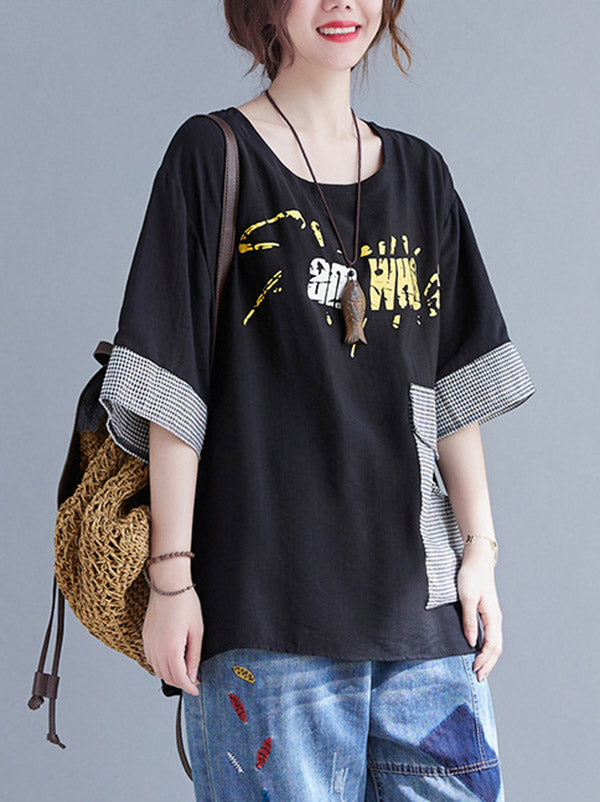 Original Letter Print Split-Joint Round-Neck T-Shirts Tops