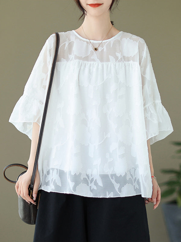 Loose Short Sleeves Falbala Pleated See-Through Split-Joint Round-Neck T-Shirts