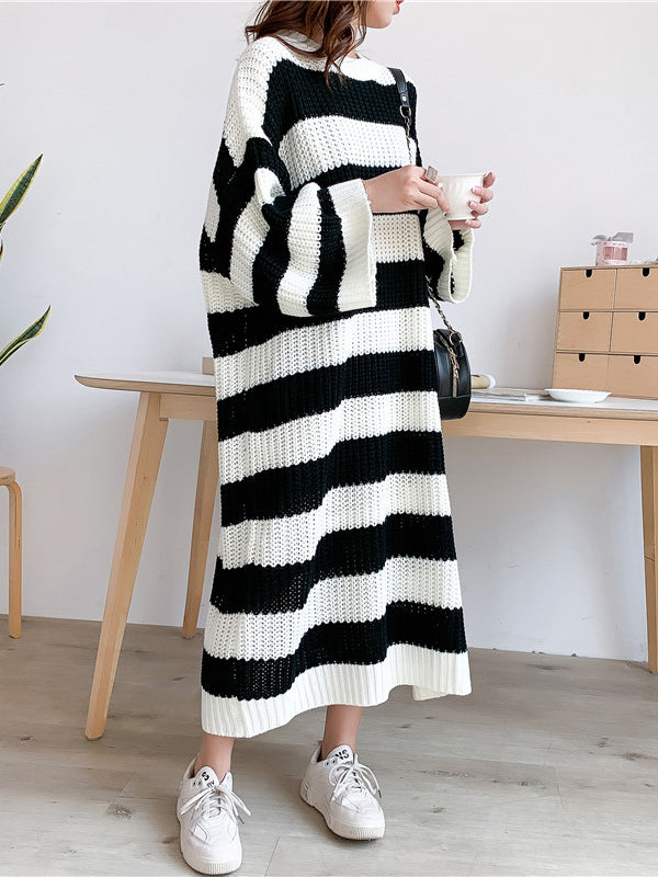 Stylish Loose Striped Round-Neck Sweater Dresses