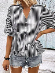 Loose Raglan Sleeve Asymmetric Falbala Pleated Split-Joint Striped Tiered V-Neck Blouses&Shirts Tops