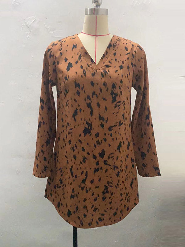 High-Low Long Sleeves Leopard V-Neck Mini Dresses