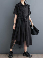 A-Line Half Sleeves Asymmetric Buttoned Ruffled Solid Color Split-Joint Lapel Midi Dresses Shirt Dress