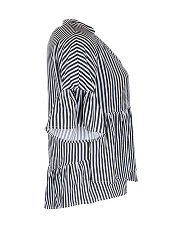 Loose Raglan Sleeve Asymmetric Falbala Pleated Split-Joint Striped Tiered V-Neck Blouses&Shirts Tops