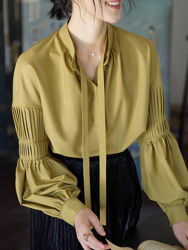 Long Sleeves Loose Pleated Solid Color Tied Mock Neck Blouses&Shirts Tops