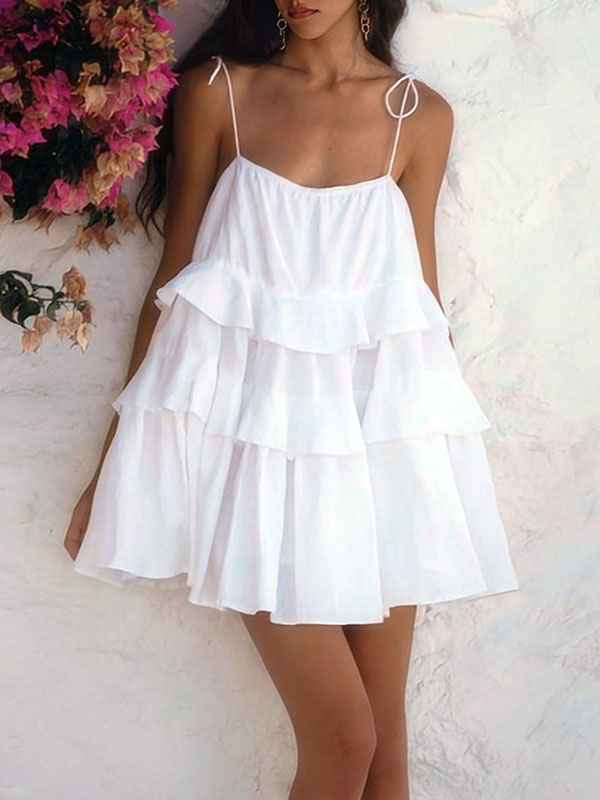 High Waisted Loose Backless Layered Pleated Solid Color Tied Spaghetti-Neck Mini Dresses