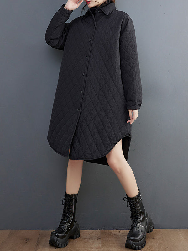 Simple Loose Rhombic Belted Solid Color Lapel Padded Coat