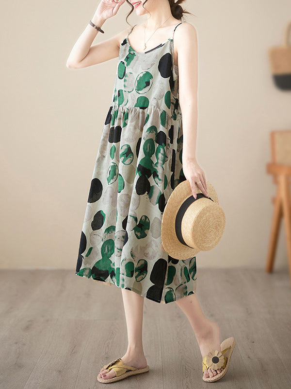 Loose Sleeveless Pleated Printed Split-Joint Spaghetti-Neck Midi Dresses