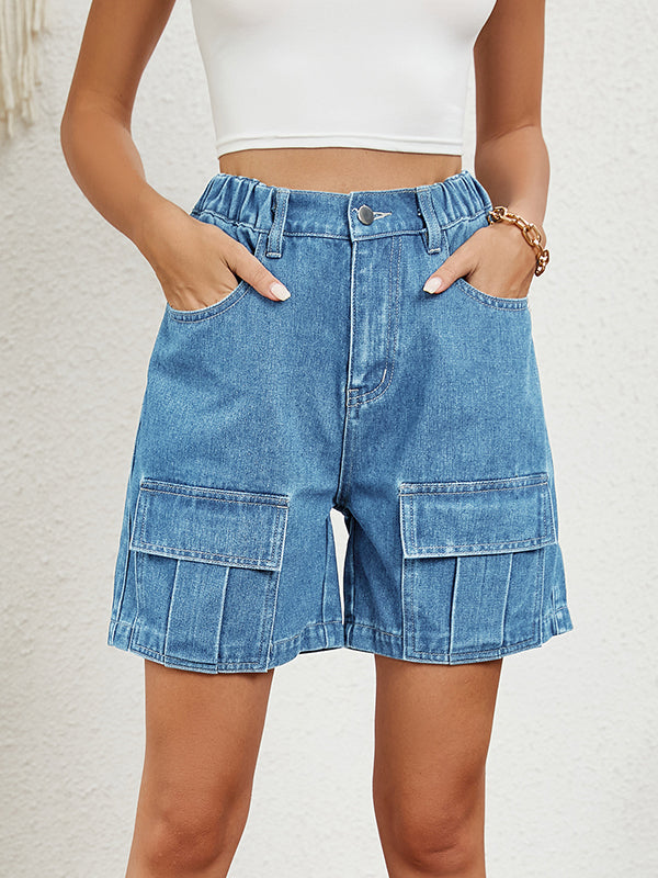 High Waisted Loose Elasticity Pockets Split-Joint Denim Shorts