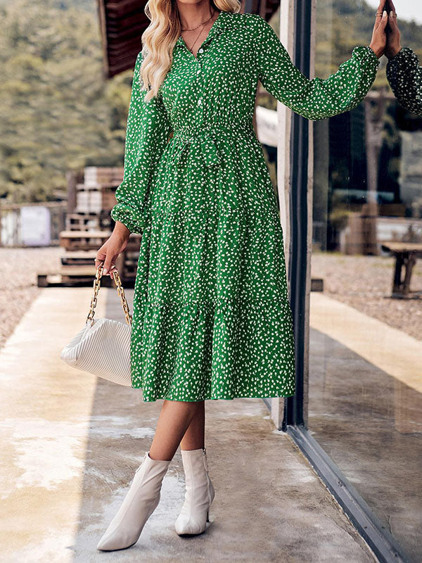 A-Line Long Sleeves Buttoned Flower Print Pleated Split-Joint Tied Waist Lapel Midi Dresses