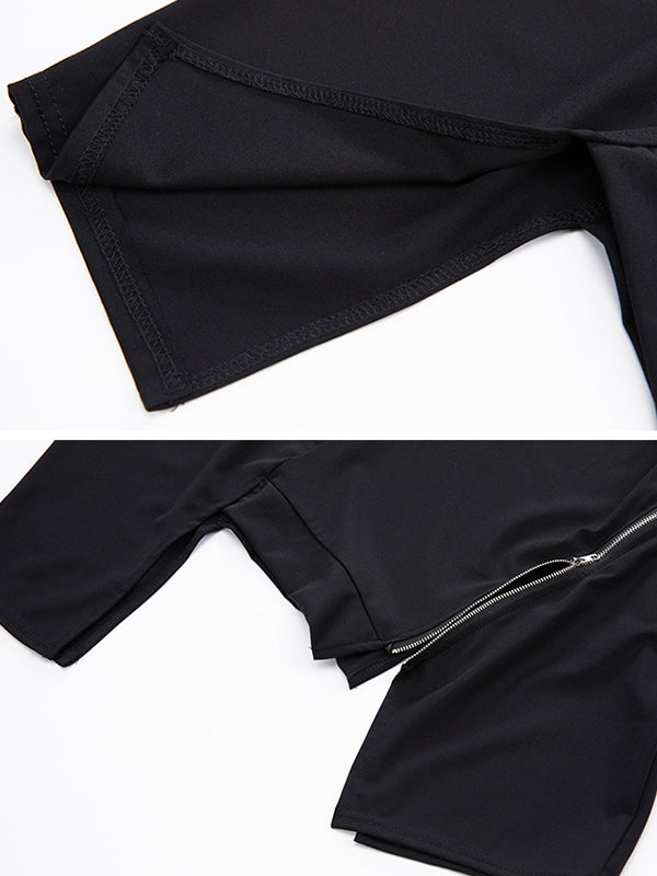 Stylish Irregular Zipper Split-Joint Black T-Shirt Top