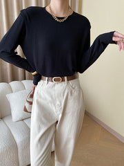 Long Sleeves Solid Color Split-Joint Round-Neck T-Shirts Tops