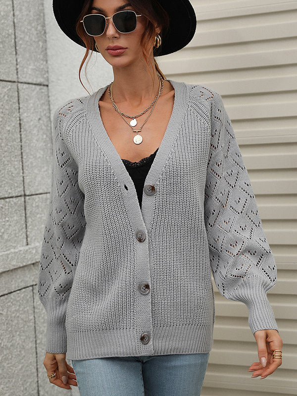 Casual Long Sleeves Loose Solid Color V-Neck Cardigan Tops