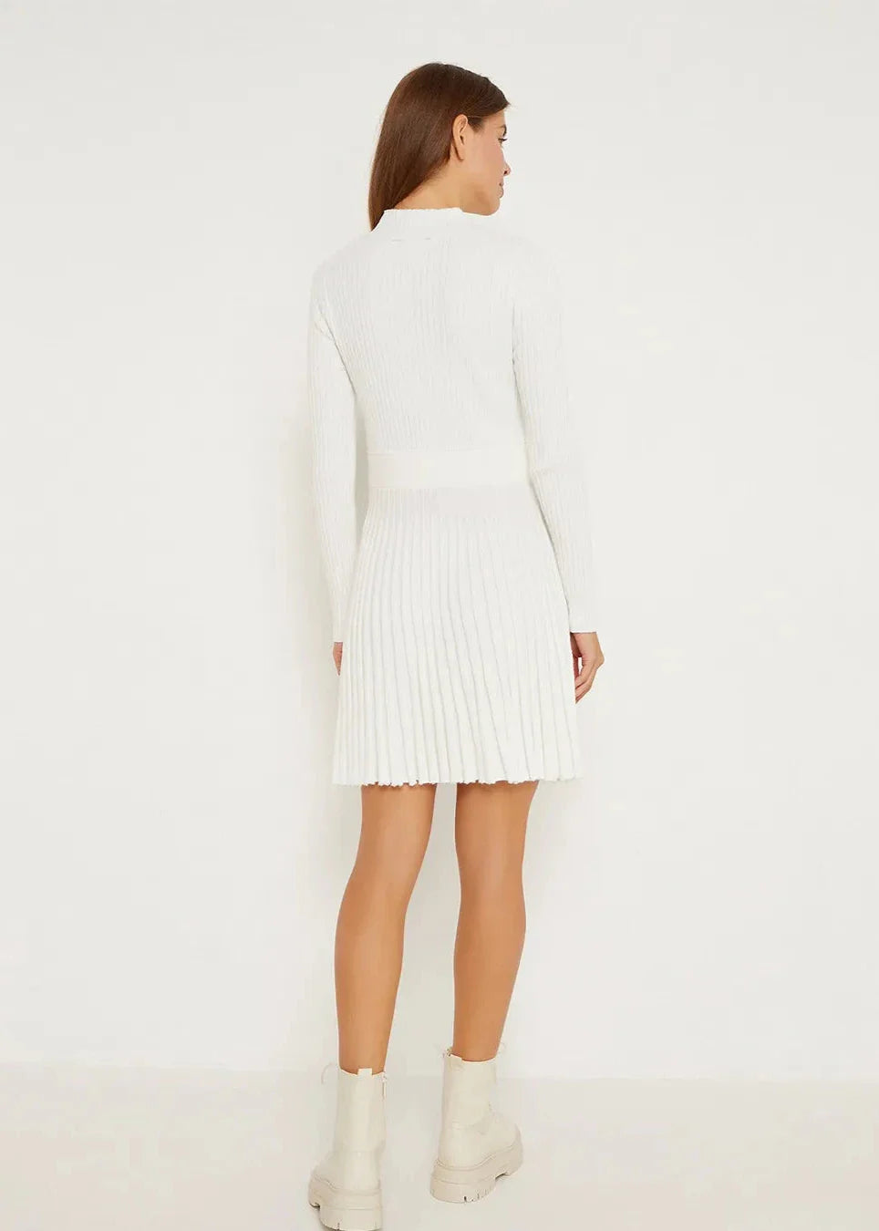 Elegant Ribbed Pleated Knit Dress - Half Turtleneck Long Sleeve