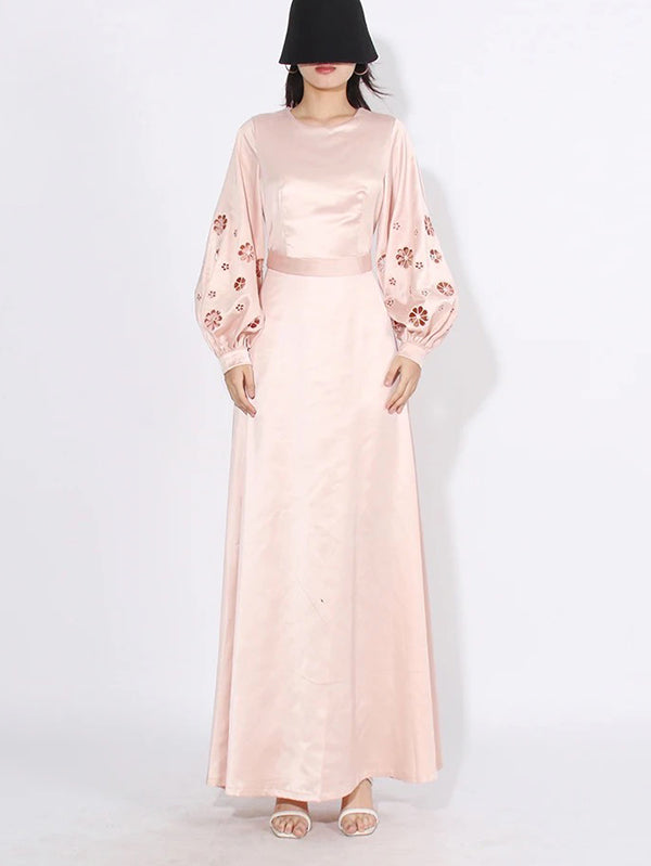 A-Line Long Sleeves Hollow Solid Color Round-Neck Maxi Dresses