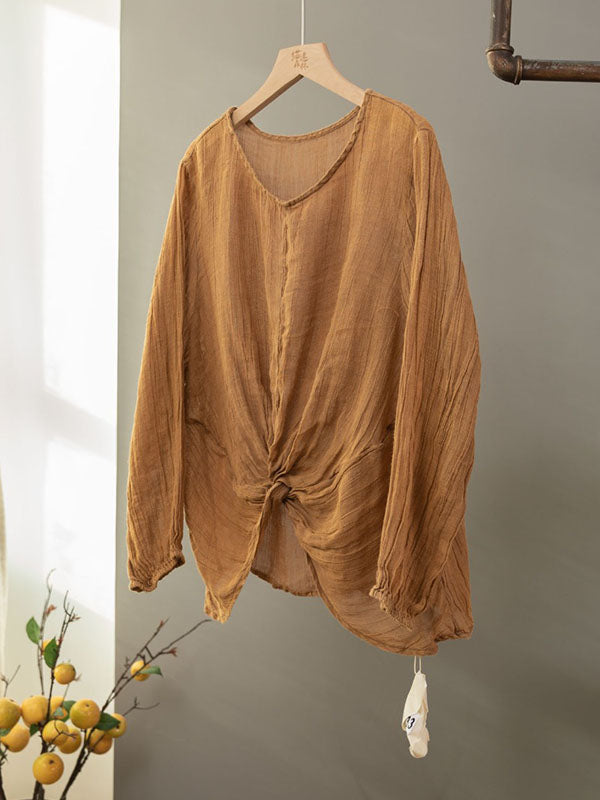 Long Sleeves Loose Pleated Solid Color Round-Neck Blouses&Shirts Tops