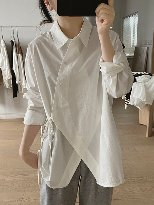 Irregular Clipping Long Sleeves Lace-Up Solid Color Lapel Blouses