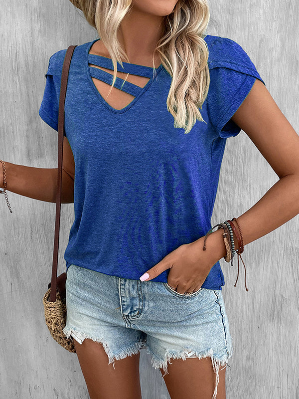 Loose Short Sleeves Solid Color V-Neck T-Shirts Tops