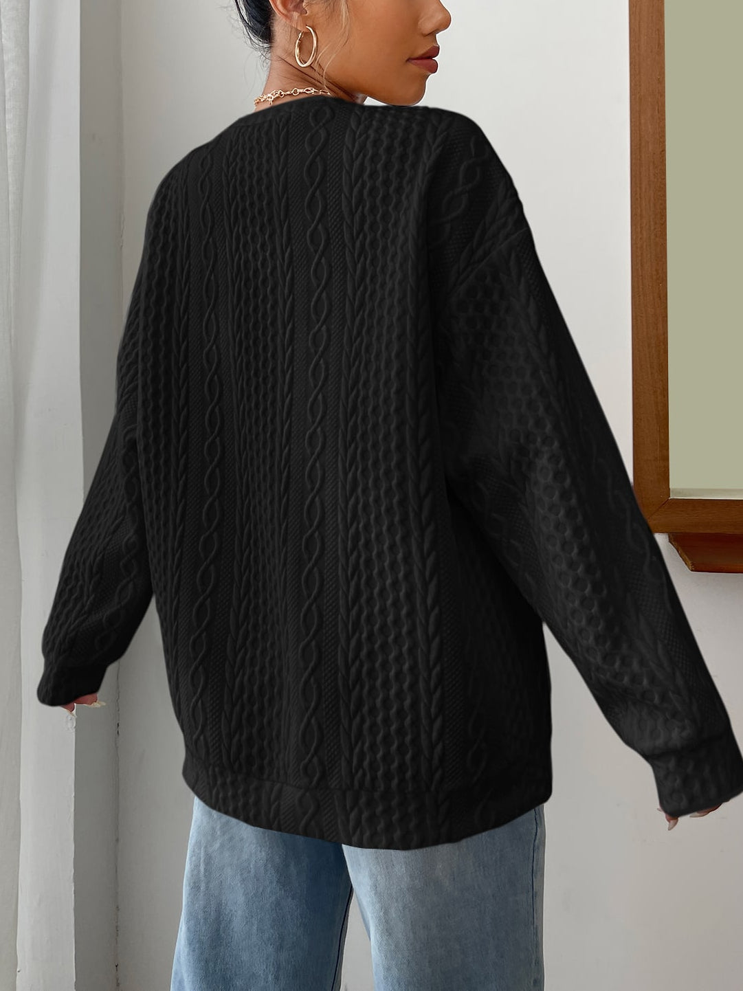 Drop Shoulder Cable Textured Pullover